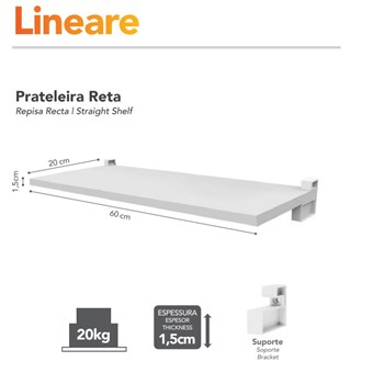 Kit 3 Prateleiras Lineare 1,5x20x60 cm com Suporte Branco Prat k